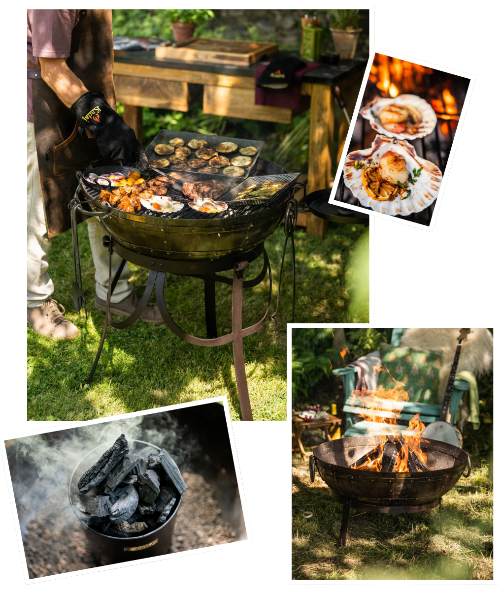 Collage of Kadai outdoor cooking scenes with a grill, fire pit, and food.
