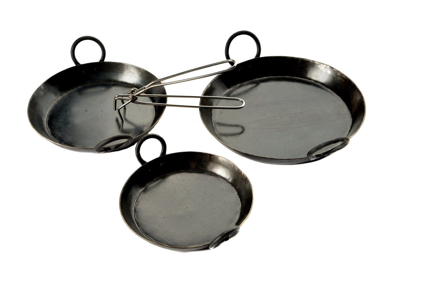 Set of 3 cooking skillets on a whote background.