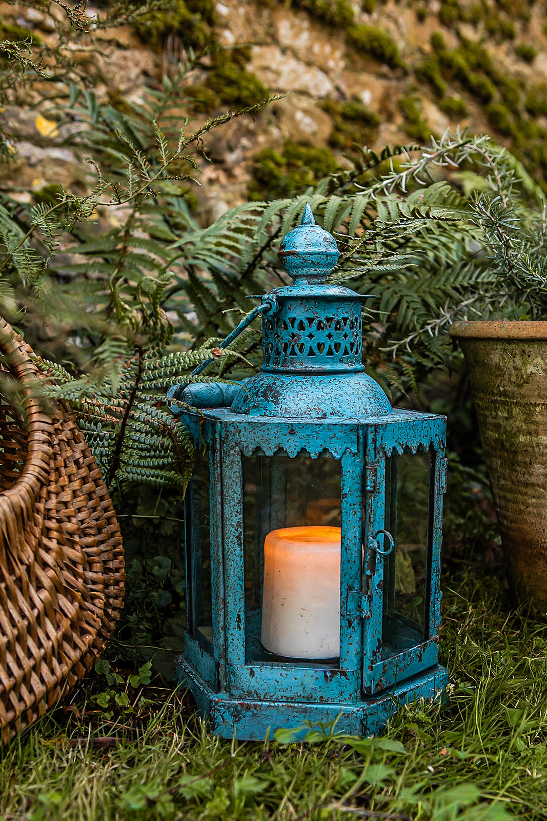 Blue lantern with a candle inside, surrounded by greenery and a stone wall.