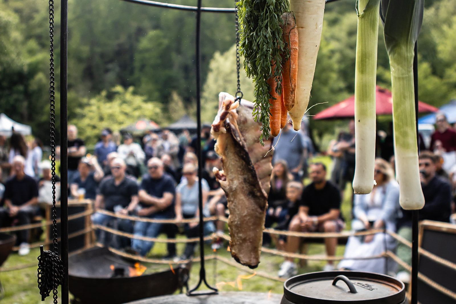kadai plancha displaying hanging ribs and vegetables