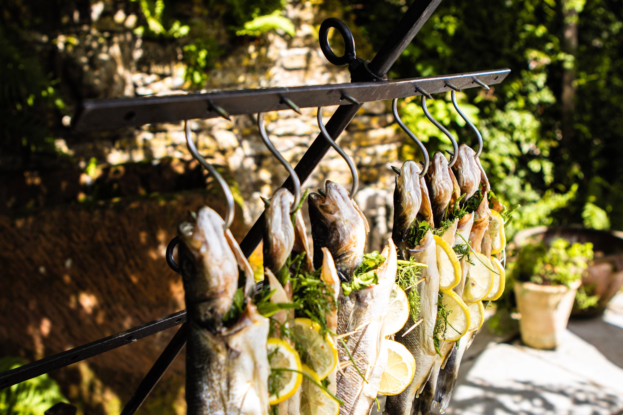 Several whole fish hanging from black metal hooks on a rack, arranged with lemon slices and herbs outdoors against a blurred stone wall and greenery background.