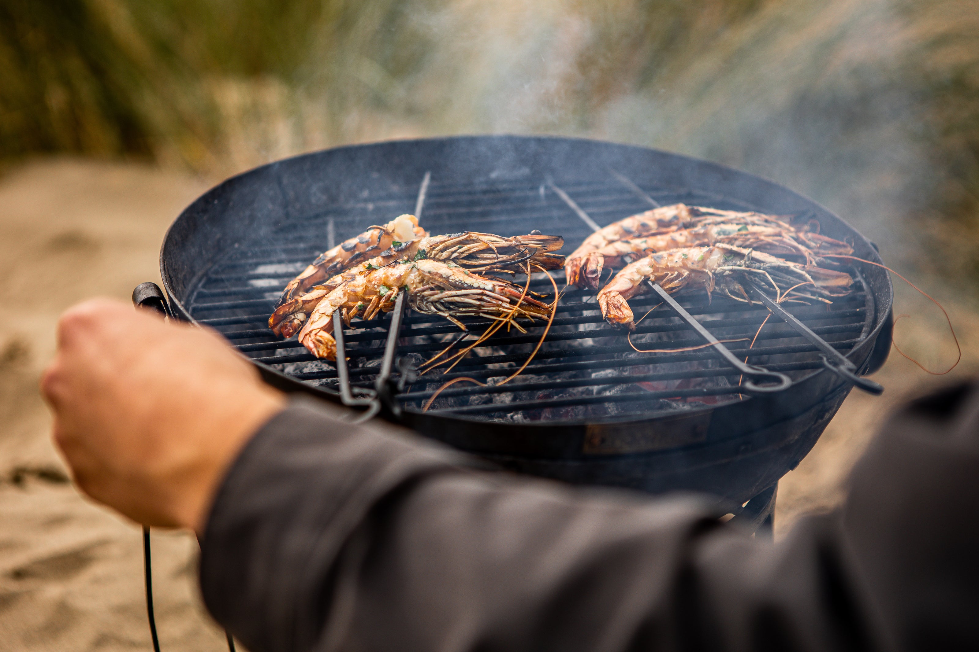 Skewered prawns cooking over a small firepit at the beach.