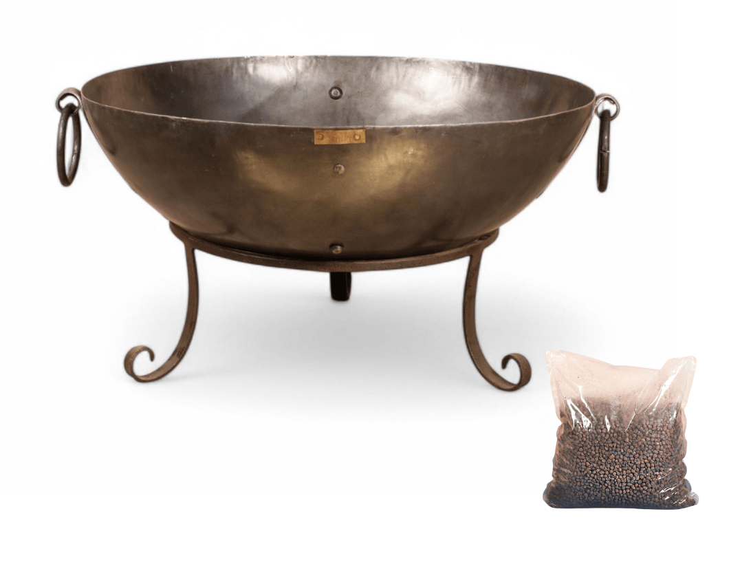 Metal garden fire pit with a decorative stand  on a white background