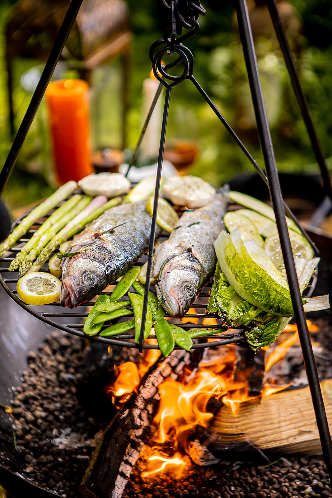 Fish and vegetables being grilled over an open flame with a blurred natural background