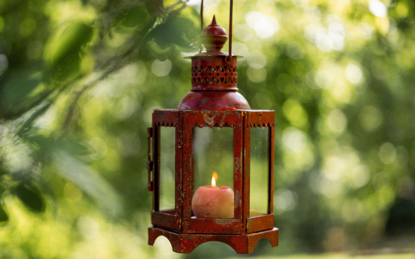 Decorative lantern with a candle inside, hanging among green leaves