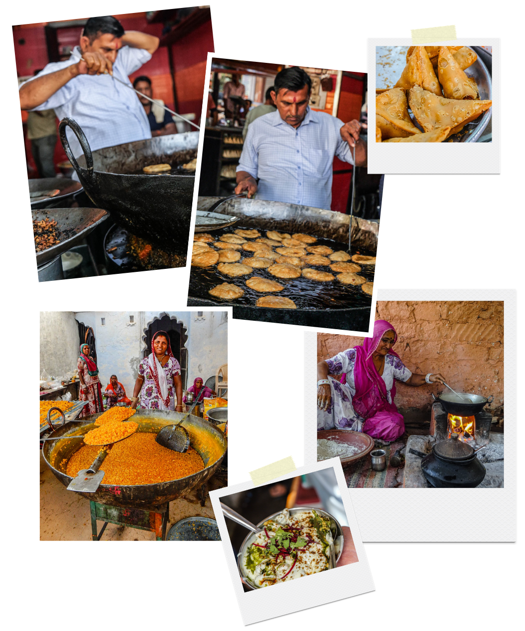 Collage of images showing people cooking and preparing food over Kadai in India