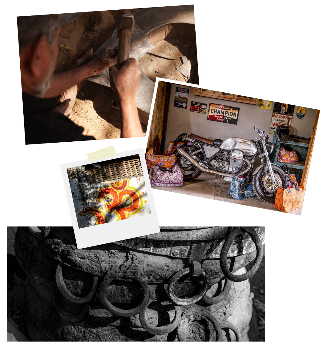 Collage of images including a person working with metal, a motorcycle, and a close-up of metalwork.