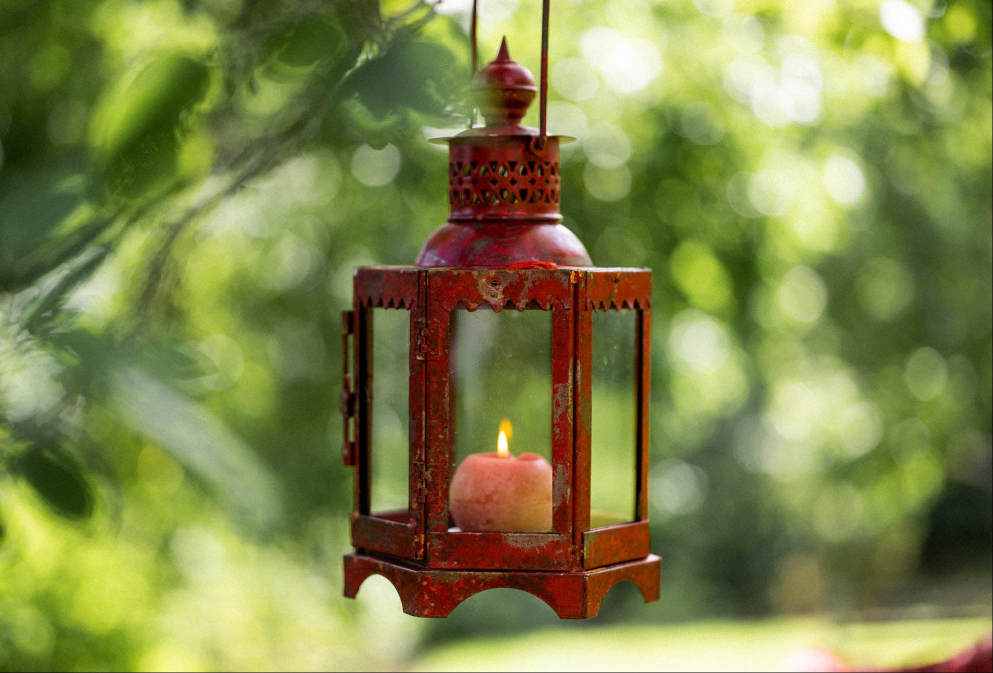 Red outdoor lantern with a candle inside, hanging among green leaves