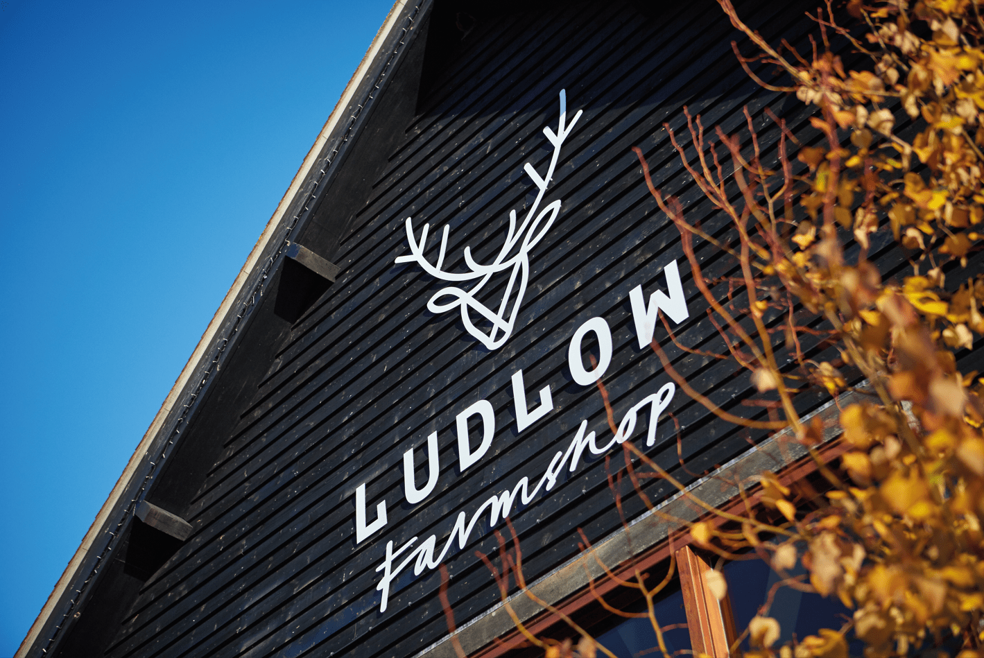 Ludlow Farmshop sign on a building with a clear blue sky