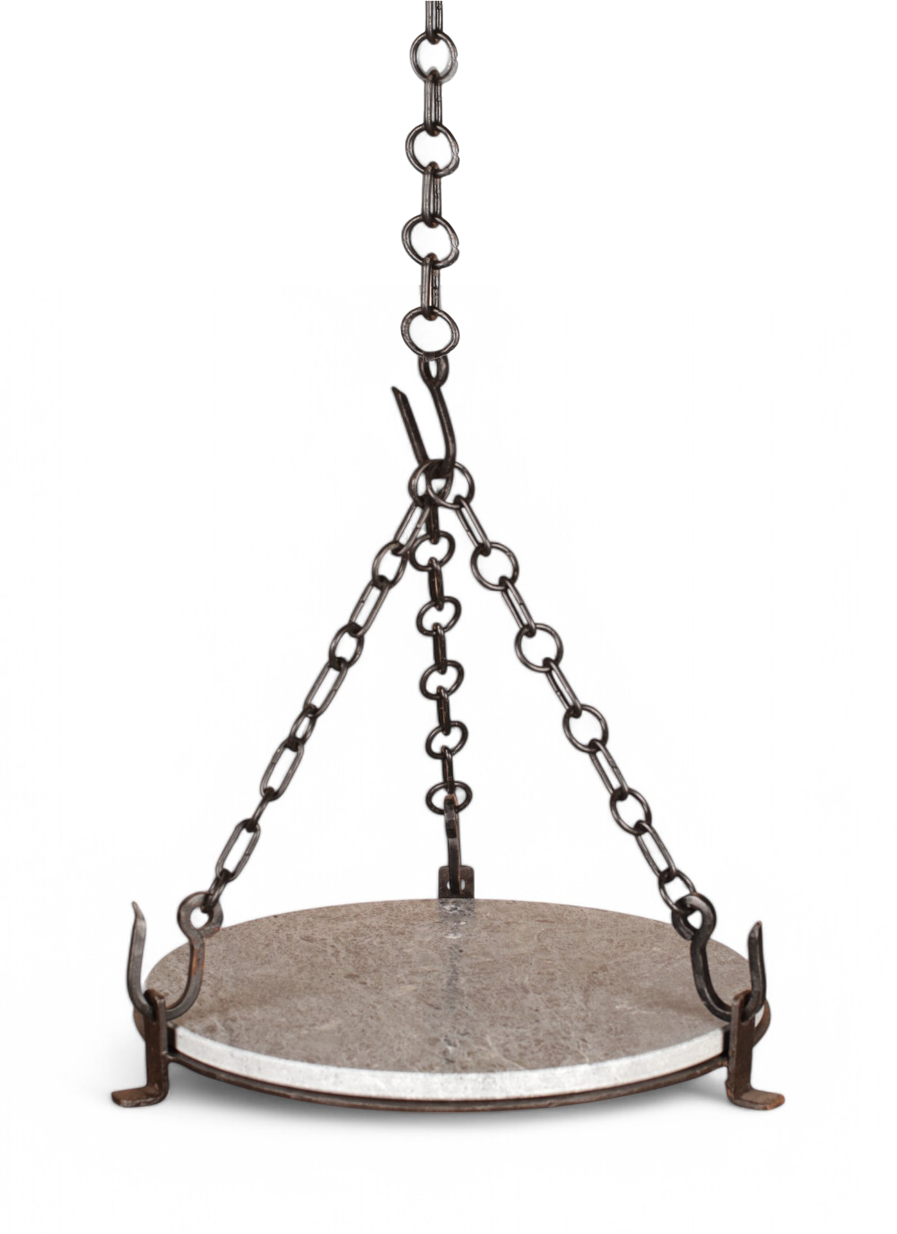 Kadai Stone Griddle Plate hanging from a chain on a white background.