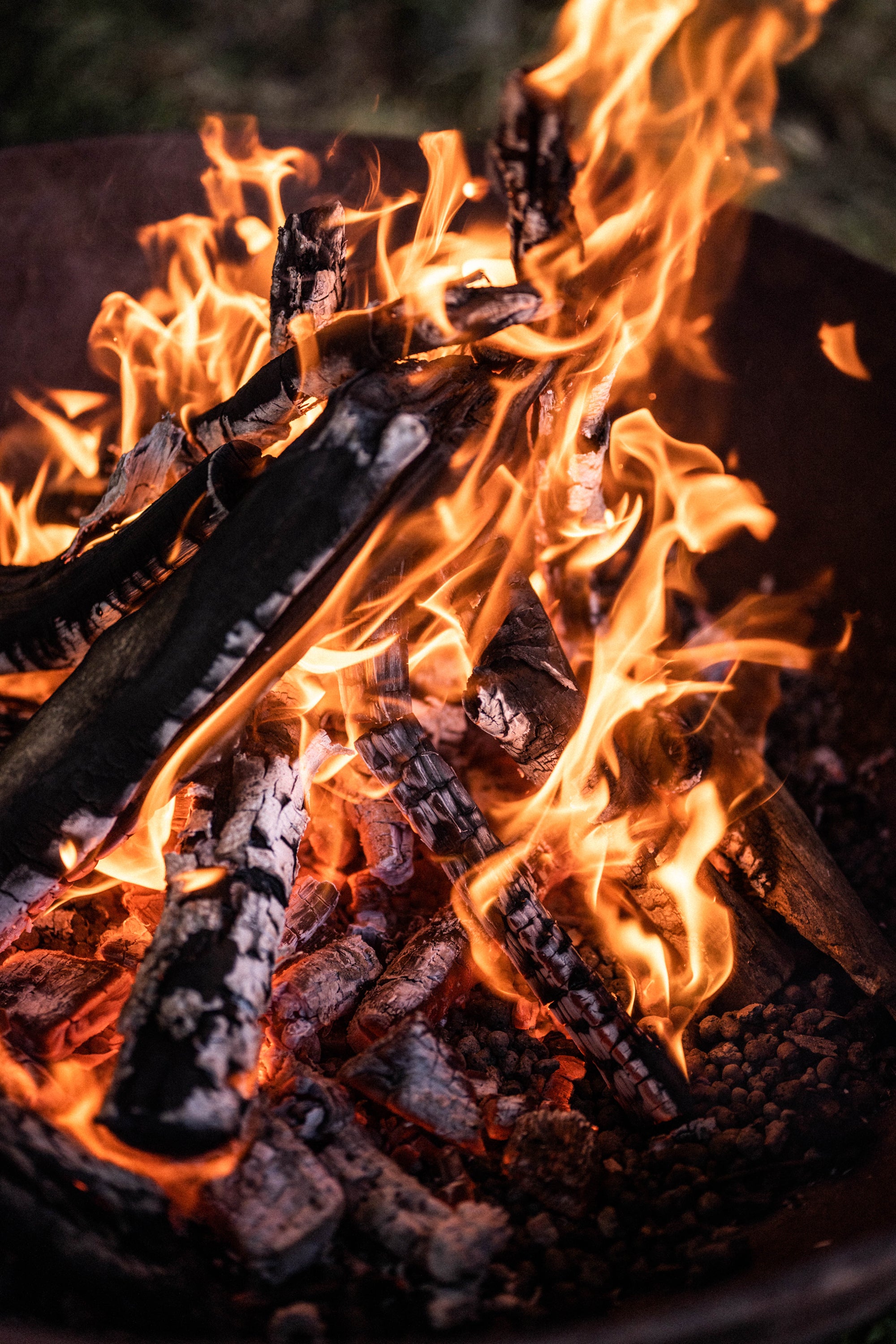 Close-up of a fire with flames and glowing embers