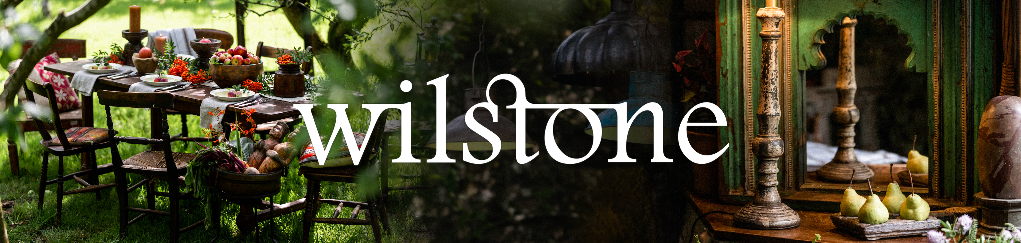 Outdoor setting with tables and chairs, and 'wilstone' branding.