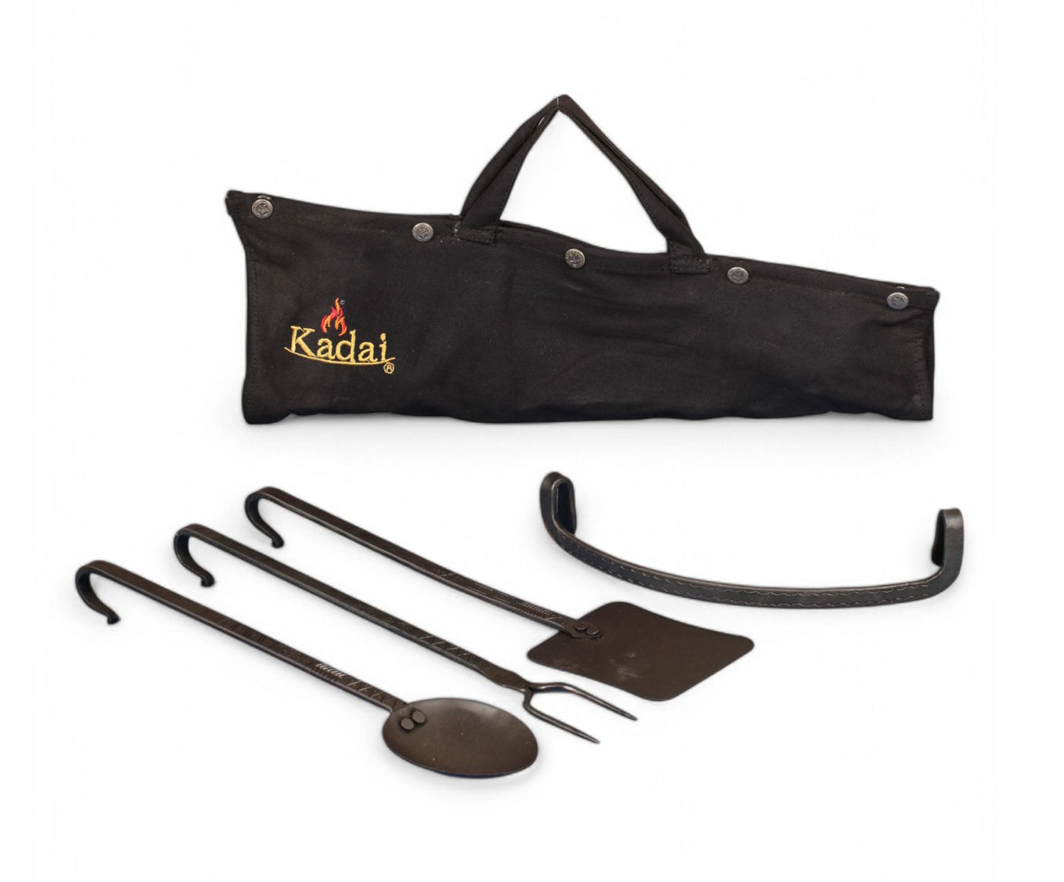 Set of bbq utensils with a black carrying bag featuring the Kadai logo on a white background.