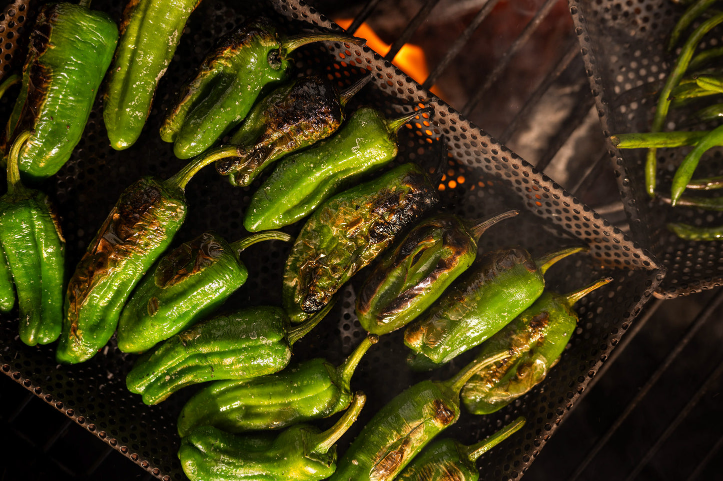 Charred green peppers roasting on perforated BBQ grill trays above open flames, with blistered skins, smoke, and glowing coals visible beneath the grill.