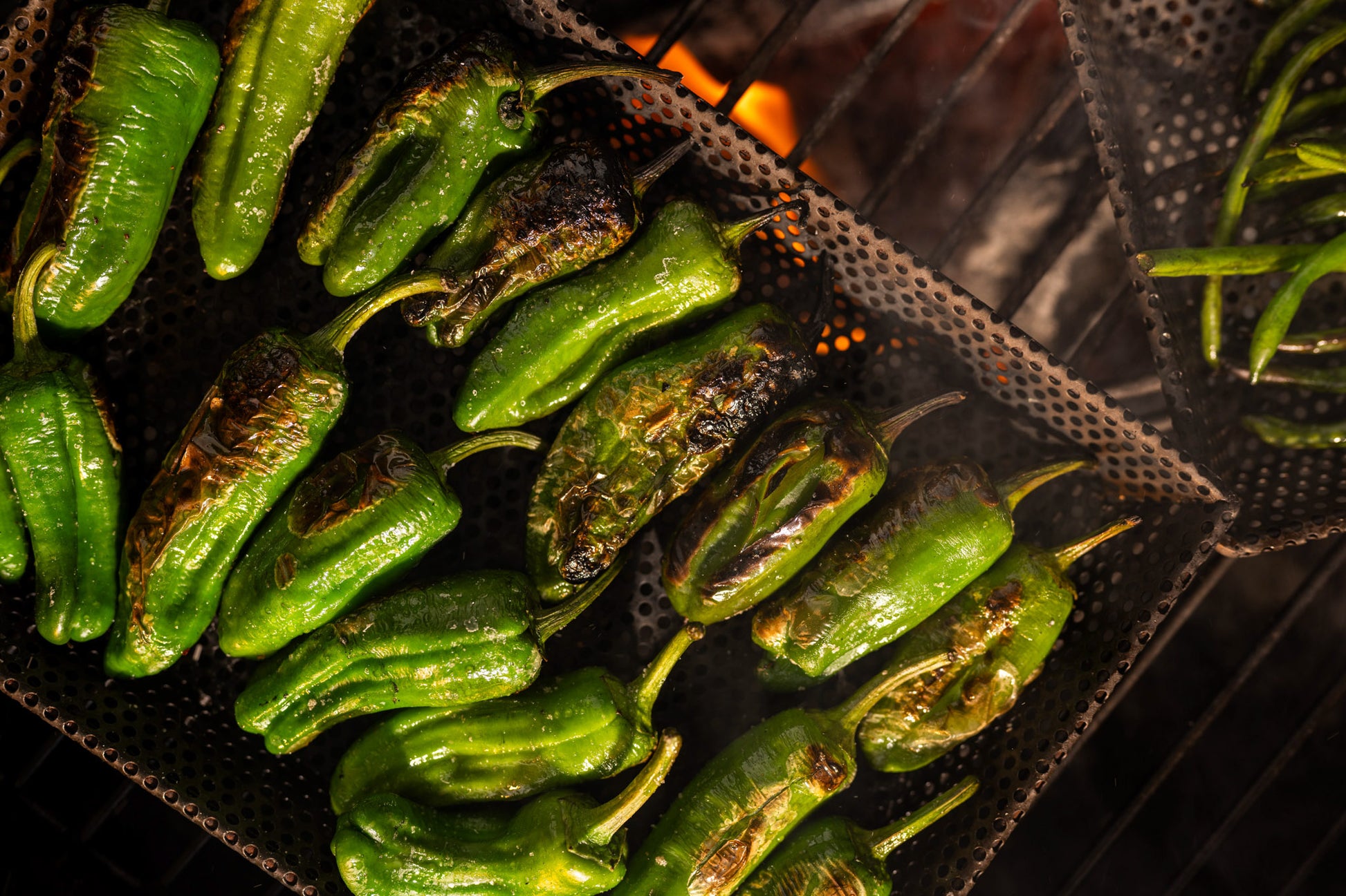 Charred green peppers roasting on perforated BBQ grill trays above open flames, with blistered skins, smoke, and glowing coals visible beneath the grill.