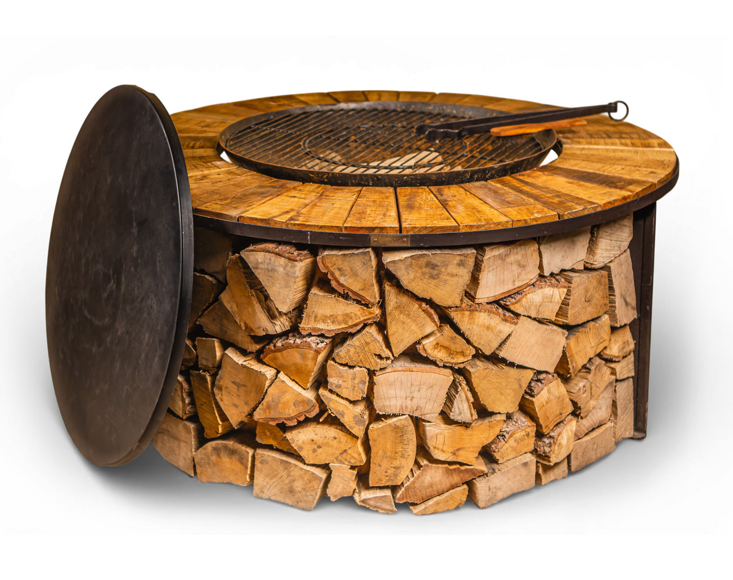 Wooden fire pit with firewood storage on a white background