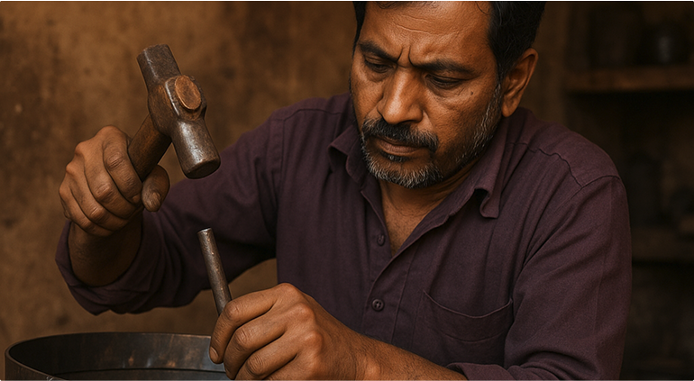 indian working on creating a kadai recycled firebowl