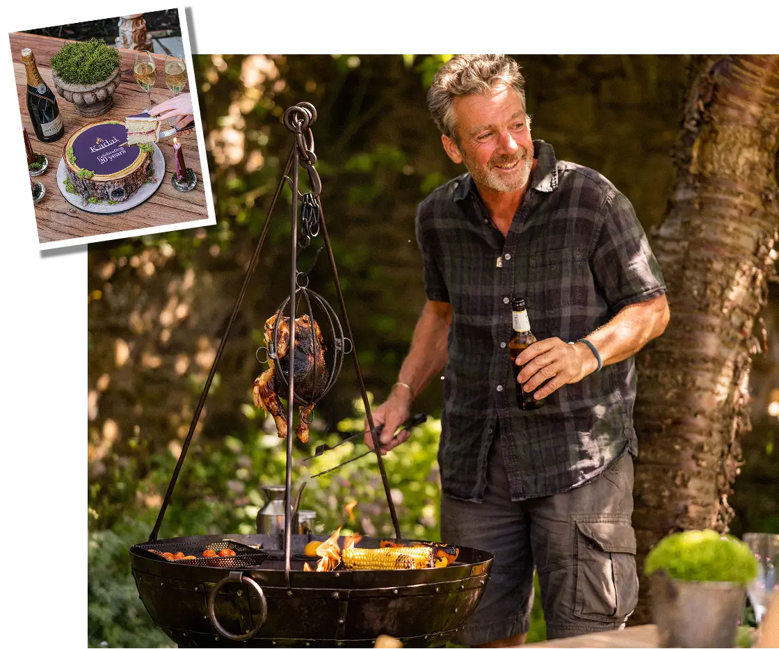 Man grilling outdoors with a cake and drinks on a table inset.