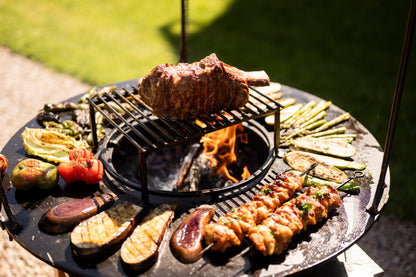 Plancha Kadai set grilling a variety of vegetables, skewered chicken, and a thick cut of meat over an open flame in a garden setting.