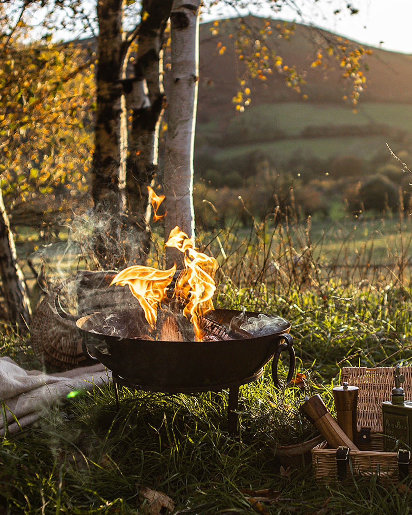 Garden fire pit with flames burning in a Kadai firebowl set in grass beneath trees in a countryside setting
