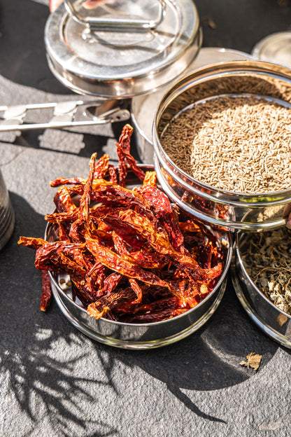 Stainless steel container with dried red chillies and various seeds on a dark surface